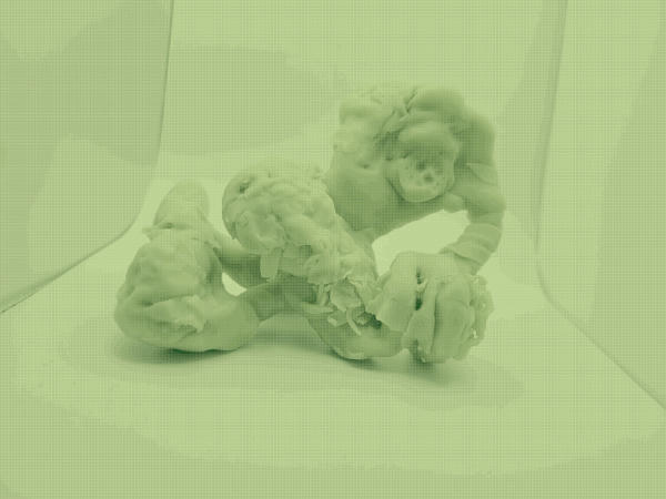 Photo of an abstract figure, its body twisting and folding into itself. The image is dithered in monochrome light green.