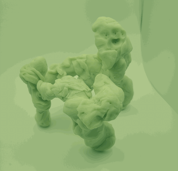 Photo of an abstract figure, its body wrapping around like a ring. The image is dithered in monochrome light green.