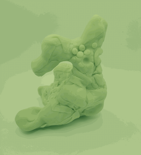 Photo of an abstract figure, its body flowing and trailing behind. The image is dithered in monochrome light green.