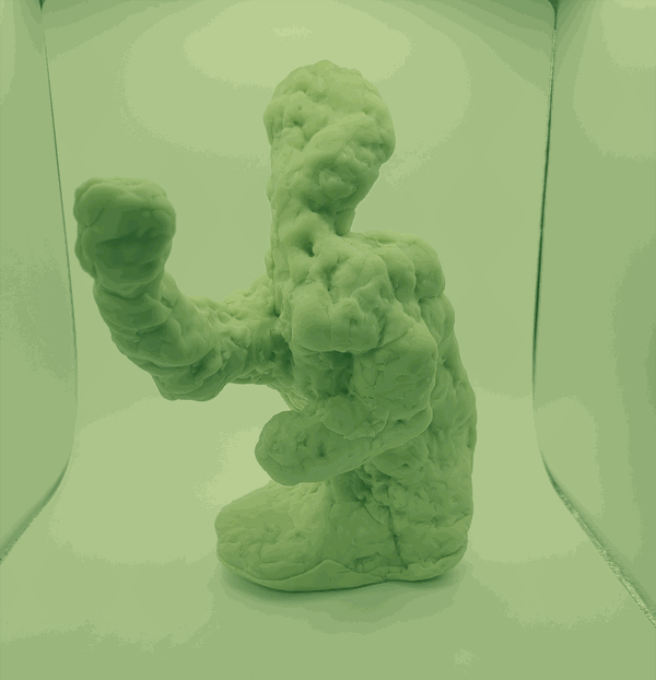 Photo of an abstract figure, its body poised in contemplation. The image is dithered in monochrome light green.