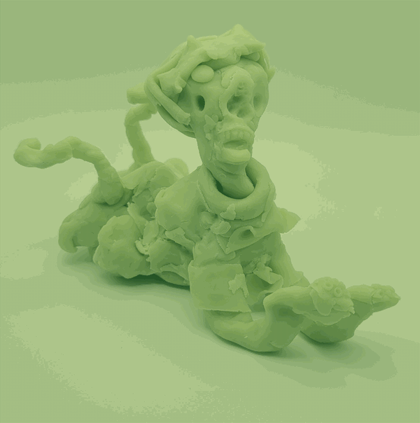 Photo of an abstract figure, its body prone and reaching towards the viewer. The image is dithered in monochrome light green.