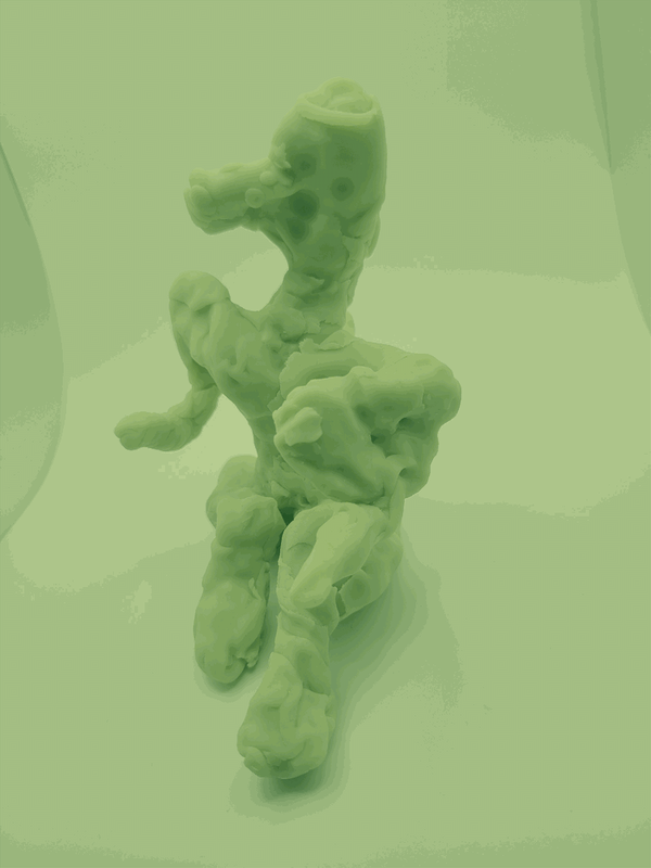 Photo of an abstract figure, its body sat quietly in contemplation. The image is dithered in monochrome light green.