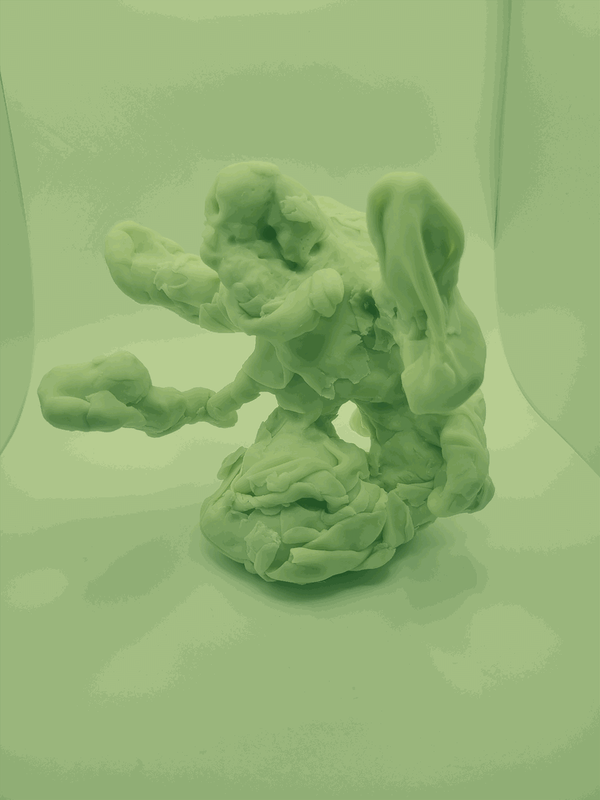 Photo of an abstract figure, its limbs split into four different segments. The image is dithered in monochrome light green.