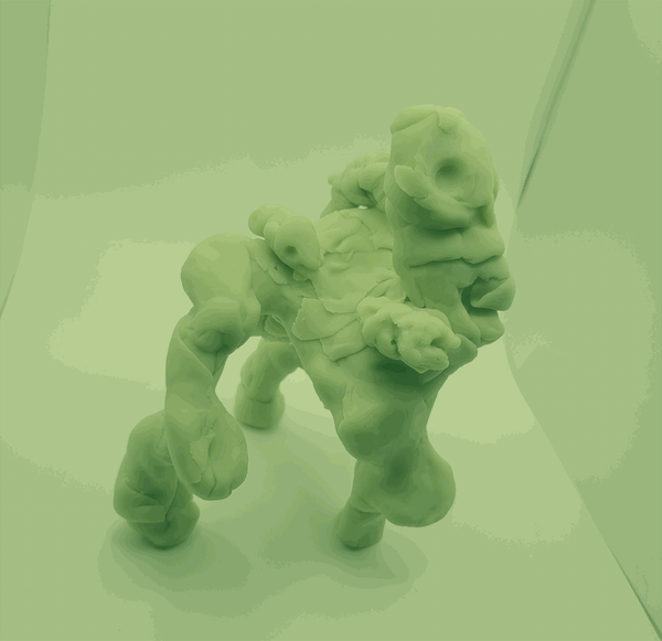 Photo of an abstract figure, its body is tall and stout; three smaller creatures cling to it. The image is dithered in monochrome light green