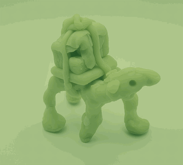 Photo of an abstract figure, carrying cargo tied onto its back. The image is dithered in monochrome light green.