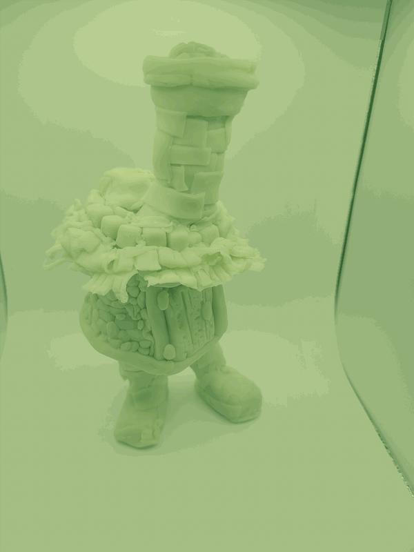 Photo of an abstract brick cottage, sprouting legs for locomotion. The image is dithered in monochrome light green.