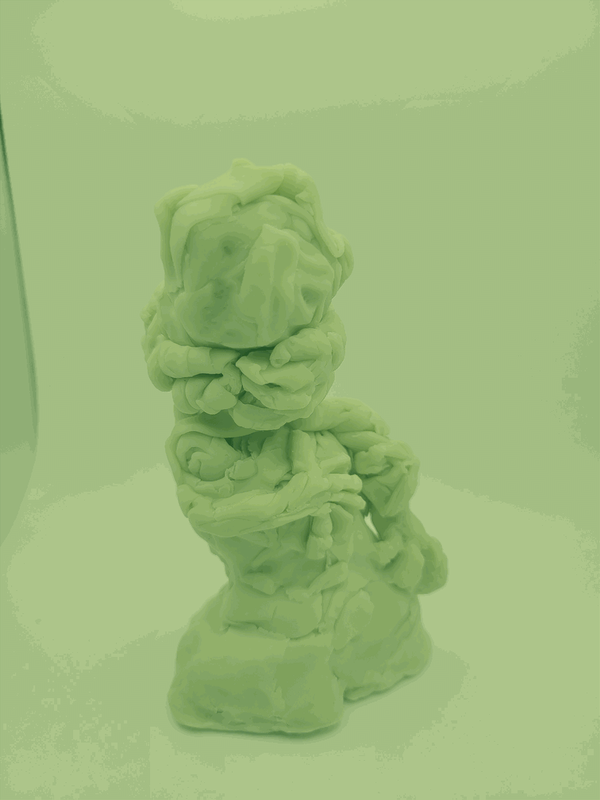 Photo of an abstract figure, several hands cover and caress its body. The image is dithered in monochrome light green.