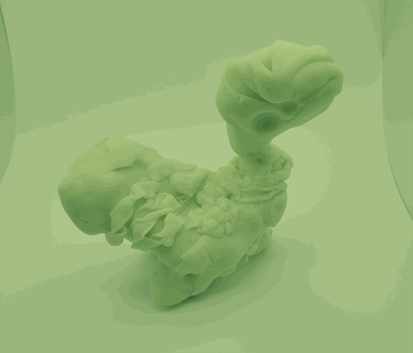 Photo of an abstract figure, it loosely resembles a cygnet with an enlarged head. The image is dithered in monochrome light green.