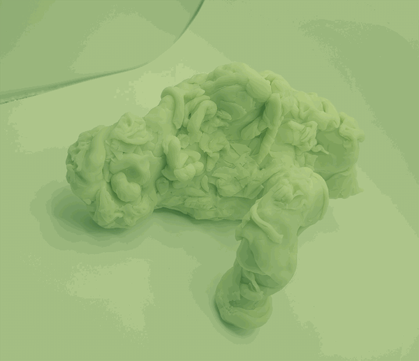 Photo of an abstract figure, greenery seems to cascade of its back. The image is dithered in monochrome light green.